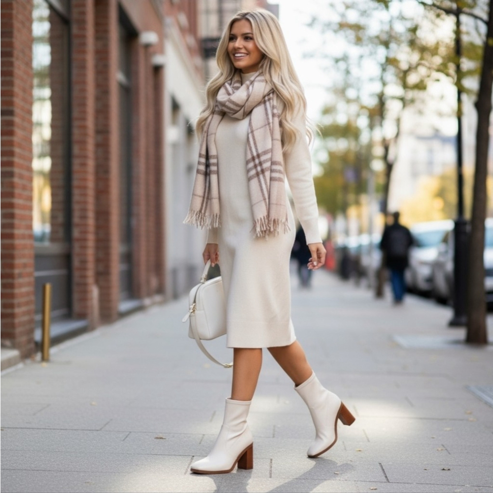 Dolce Vita Classic Retro Women Chunky Block Heel Boots Booties 9.5 M Ivory White